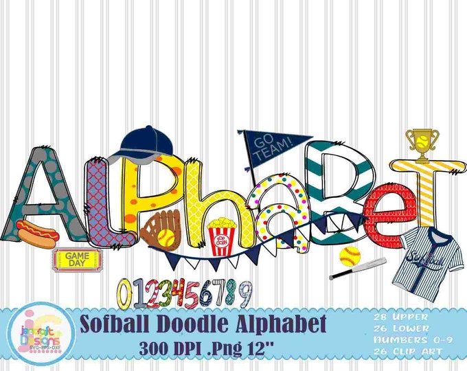 Softball Doodle png Softball png Alphabet Letters Bundle, Hand Drawn alpha pack Set Clip art Accessories, Numbers Sublimation print design