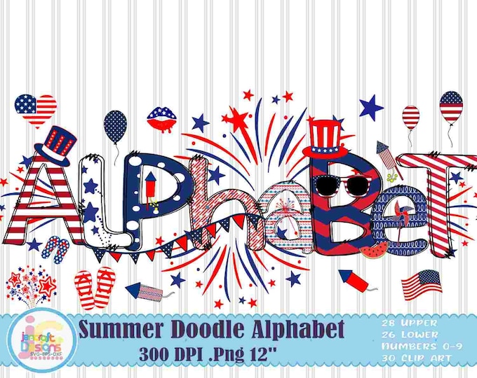 Patriotic Doodle Alphabet Letters png, 4th of July Letters, Clipart, Numbers, Red White Blue Sublimation, Flag Alphabet, Commercial Use Set