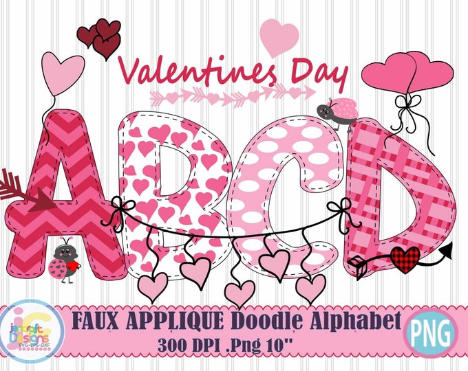 Valentine Faux Applique Doodle Letters png Hand Drawn alpha pack Alphabet A - Z Set Sublimate Design Printable png Sublimation Print file