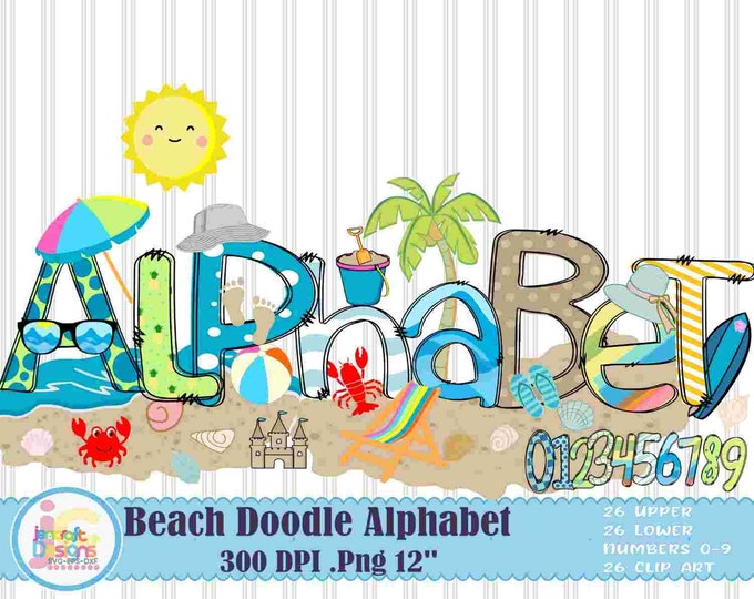 Beach Sublimation Doodle Letters png Summer Hand Drawn alpha pack Numbers Alphabet A - Z Set Sublimate Design Printable png