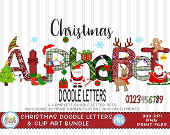 Christmas Doodle Letters Alphabet Bundle with Clipart Alpha pack, add-on Elements Kids letters clip art png hand drawn sublimation