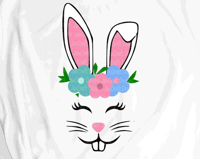 Bunny svg, Easter svg, Cute Girl Bunny face svg, Floral Bunny rabbit with flowers shirt design SVG, Dxf, Eps, Png cut file Cricut Silhouette