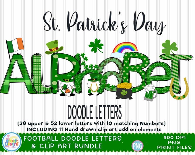 St. Patrick's Day Doodle Alphabet PNG, Saint Patrick's Day Letters PNG Sublimation Design with Clipart, Upper case, Lower case and Numbers