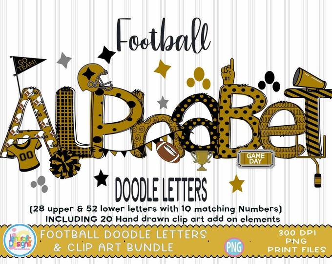 Football Doodle Letters png Black and Gold Hand Drawn alpha pack clip art Alphabet A - Z and Numbers Set Sublimate Design Printable png Font