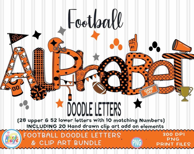 Football Sublimation Doodle Letters png Black Orange Hand Drawn alpha pack clip art Alphabet A-Z  Numbers Set Sublimate Design png Font