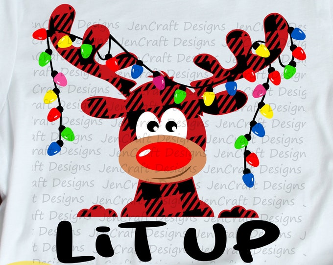 Lit Up Buffalo Plaid Reindeer Christmas SVG, Moose SVG, Plaid xmas lights Clipart Svg, Eps, dxf Png Cut files for cricut and silhouette