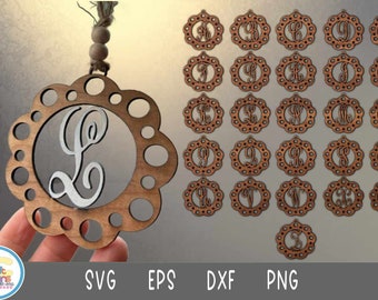 Car Charm Initial Monogram svg Glowforge svg File Laser Cut Keychain, rear view mirror Svg, Eps, Dxf, Png cricut, Silhouette, hanging charm