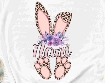 Nani Cheetah bunny PNG. Easter Leopard Print ears and feet with flower Rabbit sublimation digital design grandma clipart printable printing