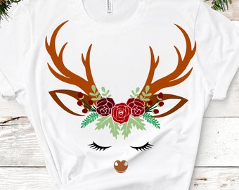 Floral Christmas Reindeer Svg, Antlers Eyelashes Deer Face SVG, EPS Png DXF Silhouette Cricut vector Clip Art graphics Vinyl Cutting