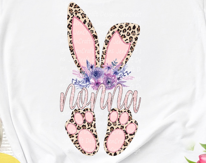 Nonna Cheetah bunny PNG. Easter Leopard Print ears and feet with flower  Rabbit sublimation digital design Easter clipart printable printing