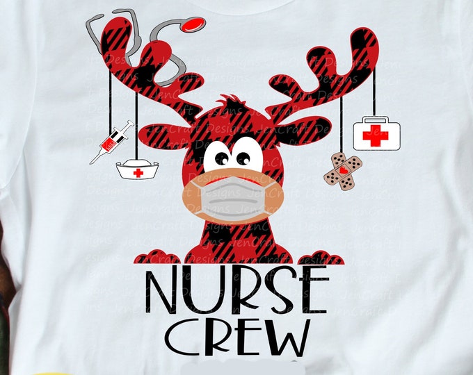 Nurse Crew Buffalo Plaid Masked Christmas Reindeer nurse svg, Moose Christmas Svg RN Clipart Eps dxf Cut File Png Print Sublimation