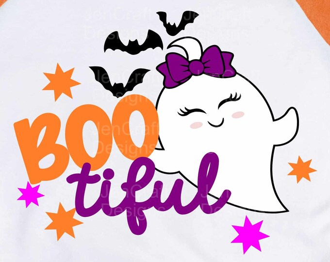 Boo Tiful Halloween Svg, Bootiful svg, Halloween Girl Ghost Svg with Bow, Funny Kid Shirt svg eps, dxf png cut files for Cricut Silhouette