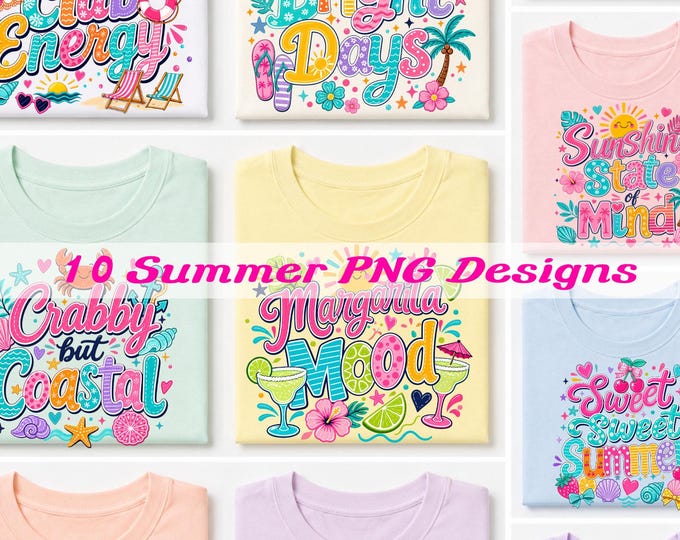 Neon Summer PNG Bundle, 10 Beach Sublimation Designs, Bright Vacation Shirt Graphics, Digital Download