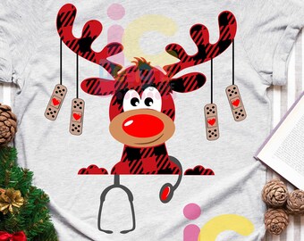 Christmas Svg, Buffalo Plaid Moose SVG, Healthcare Christmas SVG, RN Clipart, Reindeer Clip Art, Svg, Eps  Cut File, Png Print Sublimation