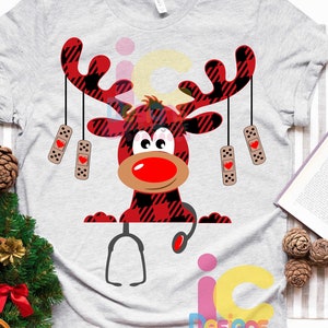 Christmas Svg, Buffalo Plaid Moose SVG, Healthcare Christmas SVG, RN Clipart, Reindeer Clip Art, Svg, Eps  Cut File, Png Print Sublimation