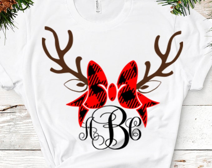 Plaid Reindeer SVG Antler Bow svg Christmas monogram Frames SVG EPS Png Dxf, Cricut, Silhouette, Digital image Cut Files Instant Download