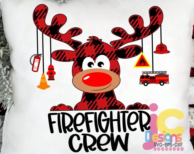 Firefighter Crew Buffalo Plaid Moose SVG, Christmas Svg, Fireman SVG,  Clipart Reindeer Clip Art, Eps  Cut File Png Print Sublimation Design