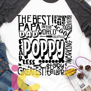 Poppy SVG, Papá Abuelo SVG, tipografía palabra arte, Abuelo Super Paw Greatest Man Sublimación - Cortar Archivo Camisa Diseño SVG, Eps, Dxf, Png