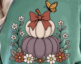 Floral Fall Pumpkin svg, Autumn Stacked Pumpkins, Trendy Floral Leaves Thanksgiving Season Vibes Sublimation, Svg Eps Dxf Png