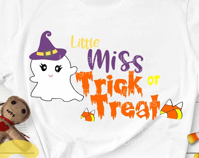 Halloween svg, Little Miss Trick Or Treat svg Halloween saying, ghost svg, fall autumn svg, girly svg, EPS, PNG, Dxf, Cricut, Silhouette