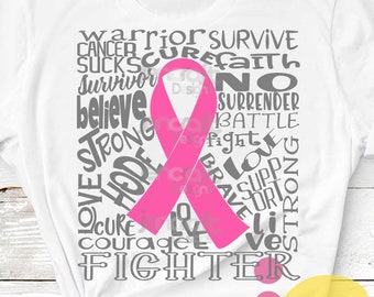 Breast Cancer Awareness SVG: Fighter Typography, Hope Ribbon (Digital File)