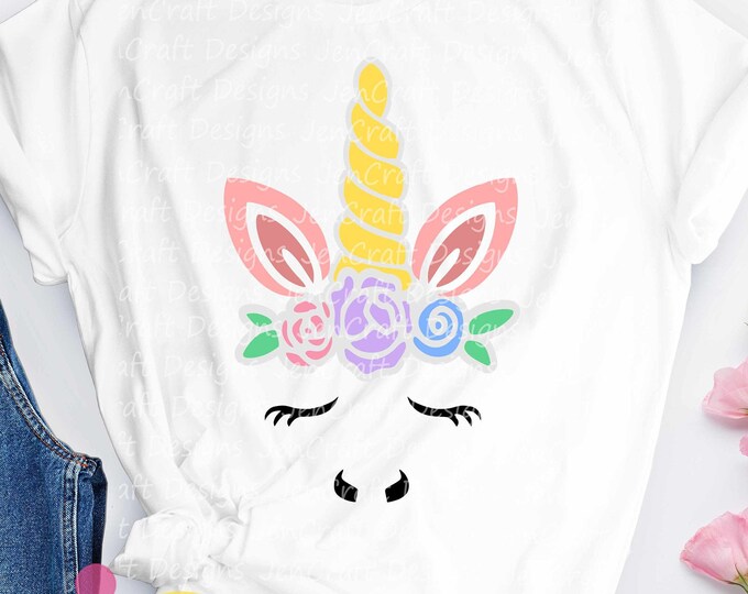 Unicorn SVG Floral Unicorn Face svg, Gold horn Unicorn eyelashes, Girl Birthday party svg, Eps, Dxf, Png, Sublimation Cricut, Silhouette