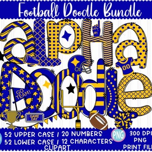 Lettere di scarabocchio di calcio png oro e blu disegnati a mano pacchetto alfa clip art alfabeto dalla A alla Z e numeri set design sublimato stampabile png font