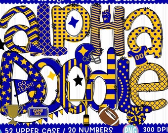 Football Doodle Letters png Gold and Blue Hand Drawn alpha pack clip art Alphabet A - Z and Numbers Set Sublimate Design Printable png Font