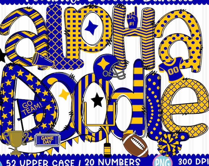 Football Doodle Letters png Gold and Blue Hand Drawn alpha pack clip art Alphabet A - Z and Numbers Set Sublimate Design Printable png Font