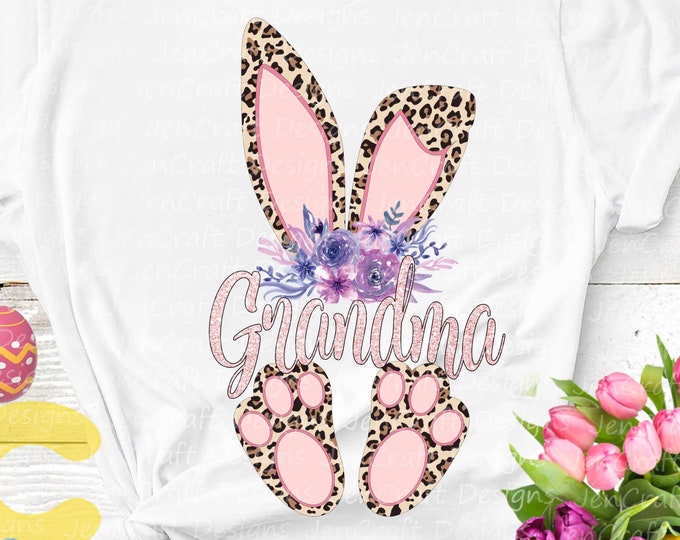 Grandma Cheetah bunny PNG Easter Leopard Print ears and feet with flower Rabbit sublimation digital design Easter clipart printable printing