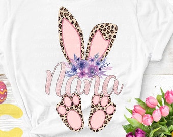Nana Cheetah bunny PNG. Easter Leopard Print ears and feet with flower Rabbit sublimation digital design Easter clipart printable printing
