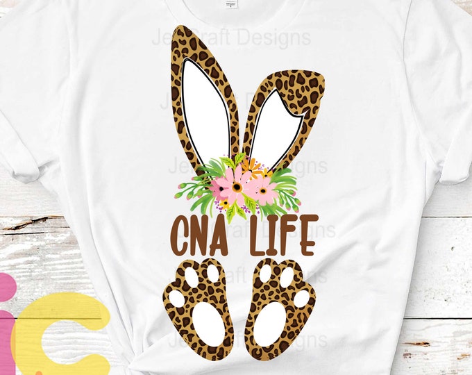 Cheetah print CNA Life bunny ears and feet with flower PNG Easter Leopard Rabbit sublimation digital design clipart printable printing