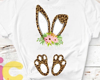 Cheetah print bunny ears and feet with flower PNG. Easter Leopard Rabbit sublimation digital design Easter clipart printable printing