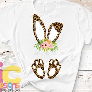 Cheetah print bunny ears and feet with flower PNG. Easter Leopard Rabbit sublimation digital design Easter clipart printable printing