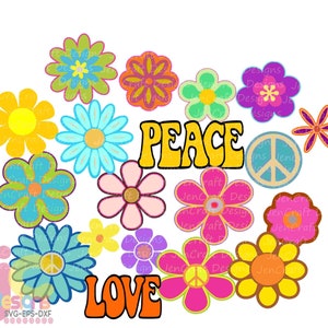 Hippie fleurs svg, svg fleur groovy rétro, des années 60-70 png Peace Love Flower child power svg, eps eps, dxf sublimation png clipart