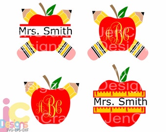 School svg, Pencil Apple Teacher Monogram SVG Frames, School Svg Cut Files, svg, dxf, eps, png Graduation appreciation Bundle