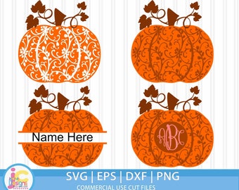 Floral Pumpkin Svg Monogram Frame swirly Fall Halloween Thanksgiving cut files. Floral pattern, Silhouette and Cricut. SVG, DXF, EPS, Png