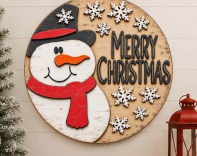 Merry Christmas Snowman Door Hanger SVG | Layered Laser Cut Sign