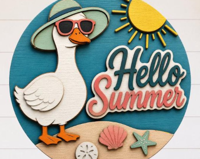 Hello Summer Goose SVG Laser Cut File | Glowforge Door Hanger SVG | Summer Goose Round Sign DXF Eps Png Pdf