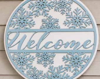 Winter Welcome Sign, Christmas Snowflakes decor round wood door hanging hanger Glowforge Cricut Silhouette laser cut file svg, eps, dxf, png