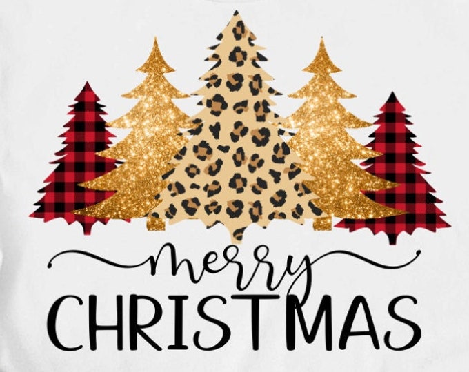 Merry Christmas Trees Sublimation, Christmas Tree Png, Glitter, Leopard, Cheetah, Buffalo Plaid, Christmas Shirt PNG, Leopard Png