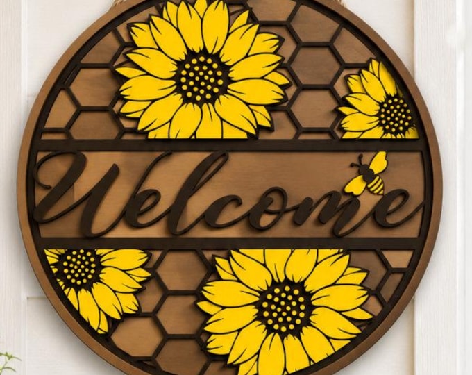 Sunflower Welcome Sign, Summer decor, round  door hangern wood sign Honeycomb, Glowforge Cricut Silhouette laser cut file Svg Eps, Dxf Png