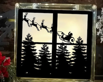 Christmas Svg Santa Reindeer Flying Scene Cutting File Glass Block Christmas Tree  SVG,EPS Png DXF,digital download files Silhouette Cricut