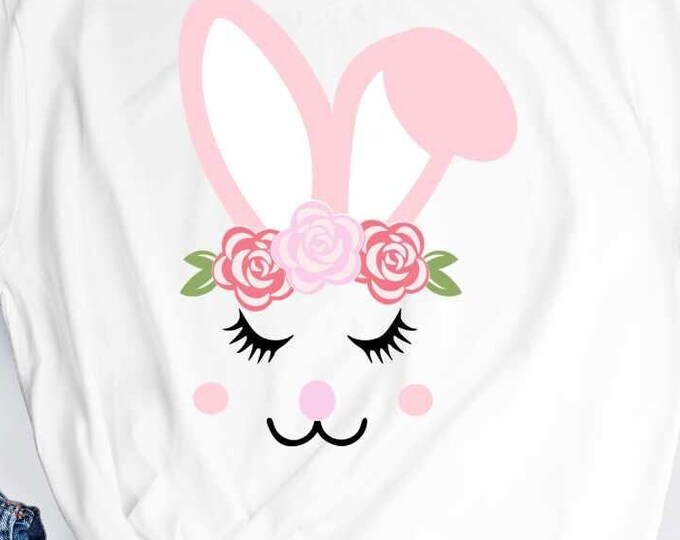 Easter svg, Bunny svg, Cute Girl Bunny face svg, Floral Bunny rabbit with flowers shirt design SVG, Dxf, Eps, Png cut file Cricut Silhouette