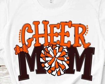 Cheer Mom png Cheer Png Orange and White Cheerleader Pom Pom Shirt design, Cheerleading Sublimation Digital Design 300 dpi 12" high
