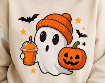 Cute Ghost Coffee PNG, Halloween Pumpkin Sublimation Design, Spooky Season Digital Download