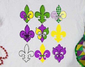 9 Fleur de Lis Svg, Mardi Gras Cut Files, Mardi Gras Celebration, Louisiana Svg, Dxf, Eps, Png, Shirt Design Svg, Silhouette, Cricut