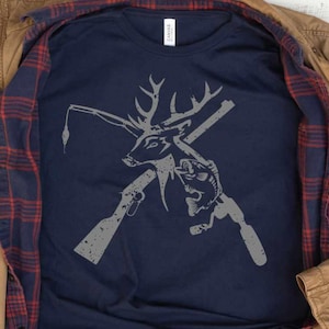 Caza svg, Pez ciervo angustiado, caña de pescar rifle SVG, Día del Padre Grunge Pesca Svg, eps, dxf PNG Sublimación Cricut Silueta