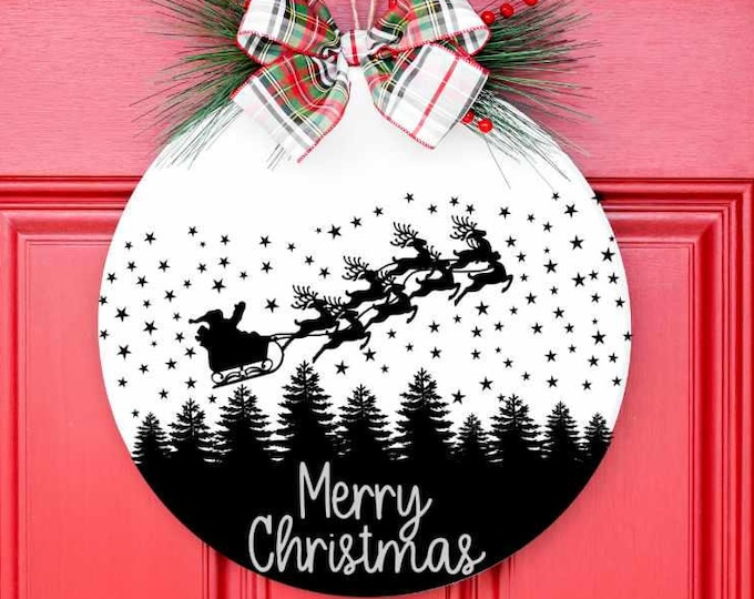 Merry Christmas Porch SIgn Svg, Santa Sleigh Reindeer Door hanger Round Sign Design svg, eps, dxf png Cut files Cricut Silhouette Glowforge
