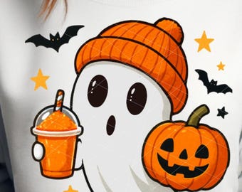 Retro Cute Ghost Png, Halloween Png, Spooky Vibes Png, Ghost Coffee Png, Ghost Pumpkin Png, Boujee Ghost Png Sublimation Design Download